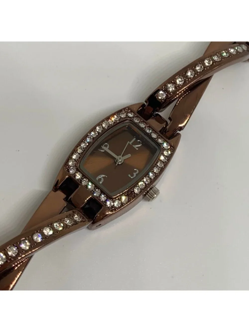 FMD women’s watch brown tone 19mm quartz analog rhinestones size 6” running